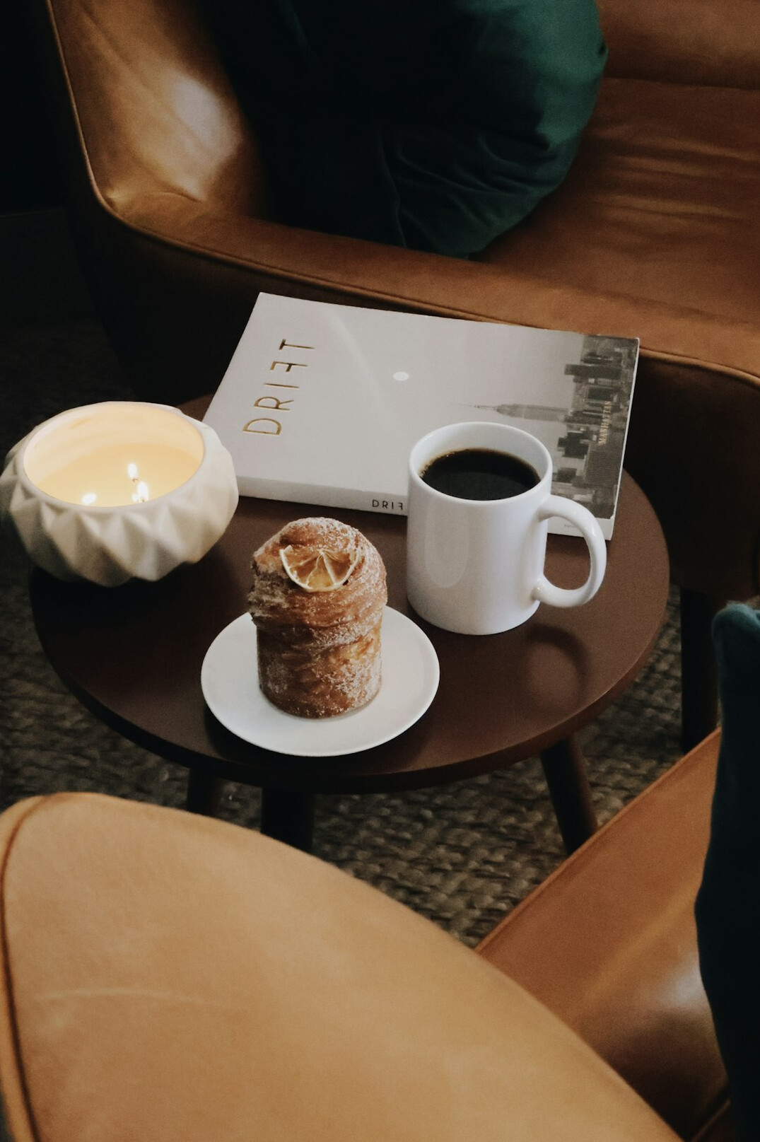 Elegant lounge with magazine and coffee on a table